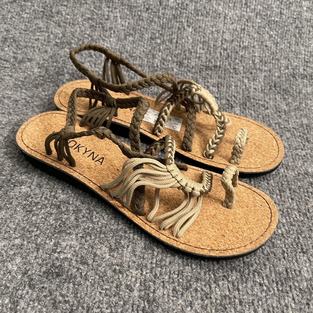Bokyna Soulmate Vegan Sandals Womens EU 38 US 7 Green Beige Braided Loop Toe